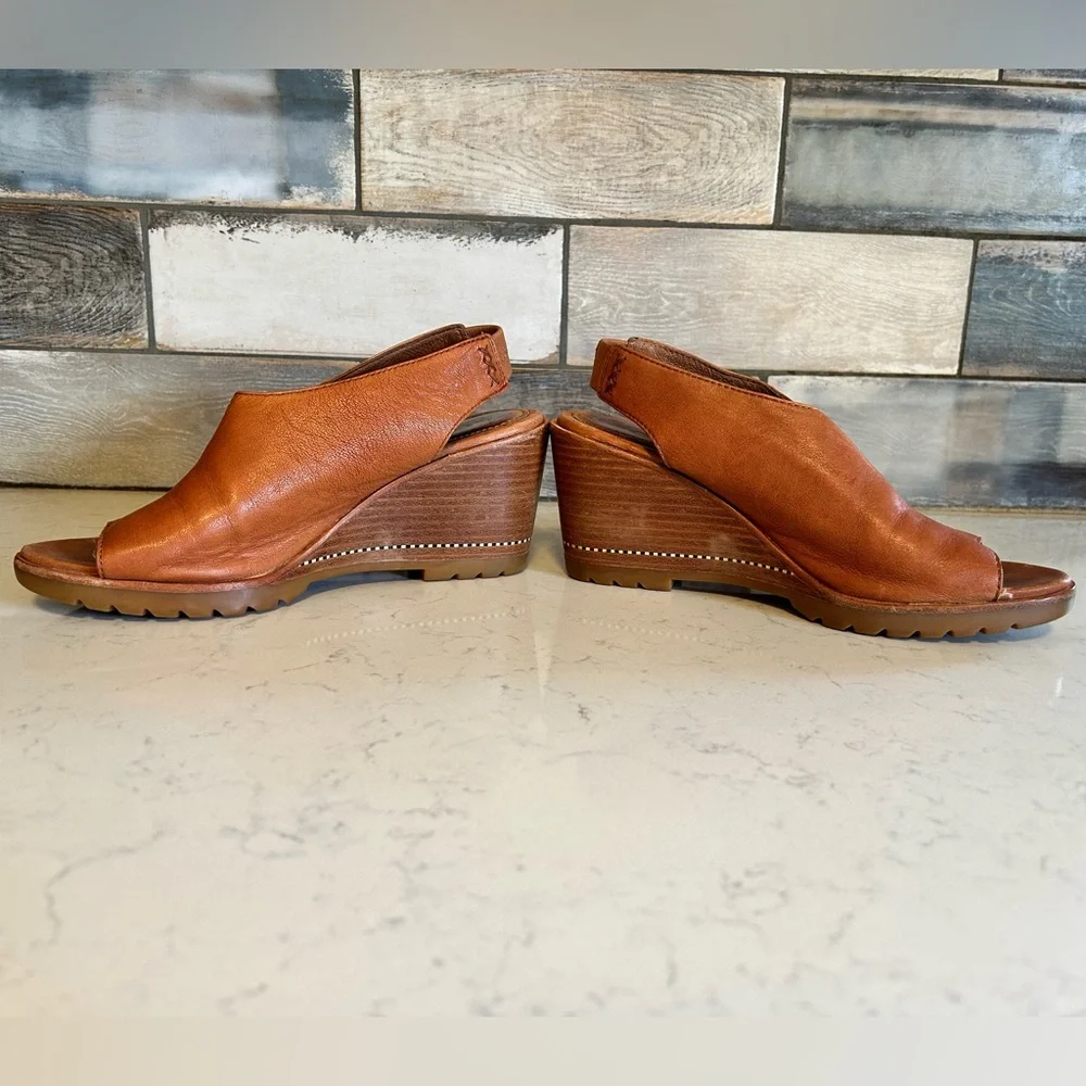 Sorel Nadia Camel Brown Leather Slingbacks Wedge Heeled Sandals - Picture 10 of 16